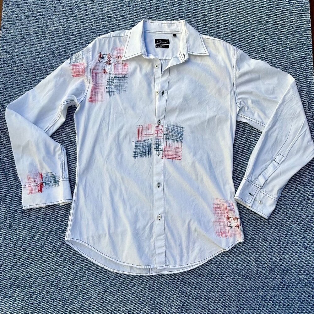 7 Diamonds Mens Long-Sleeve Button-Up Shirt With Red & Blue Abstract Print Retro